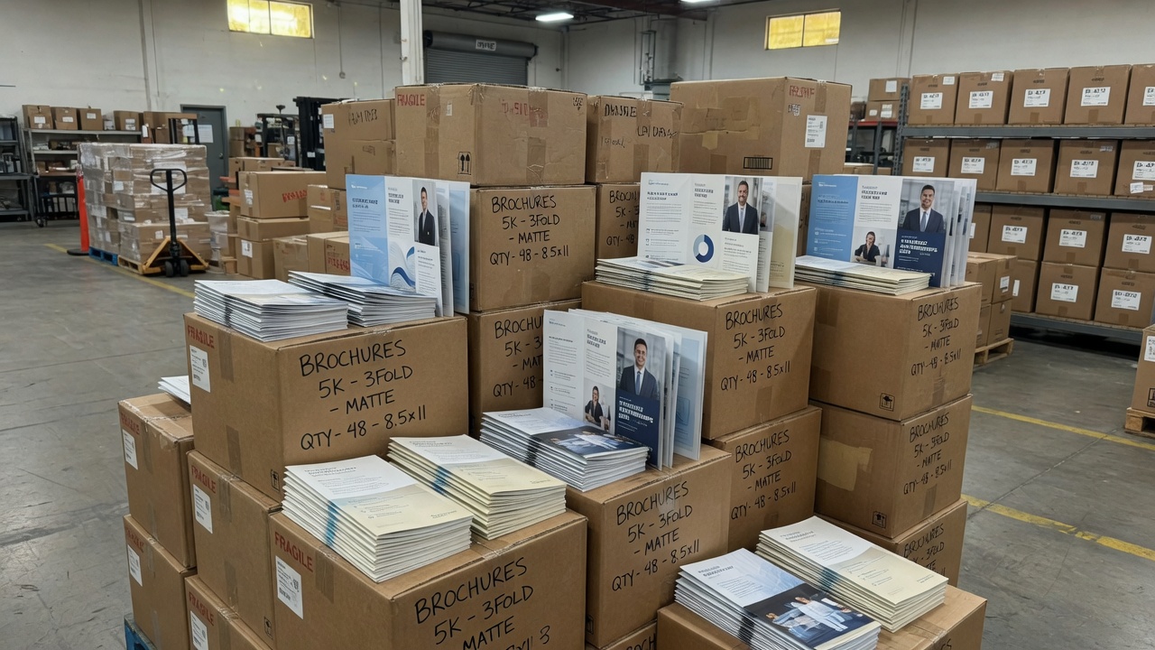 Cartons of printed brochures stacked in an Irvine print shop