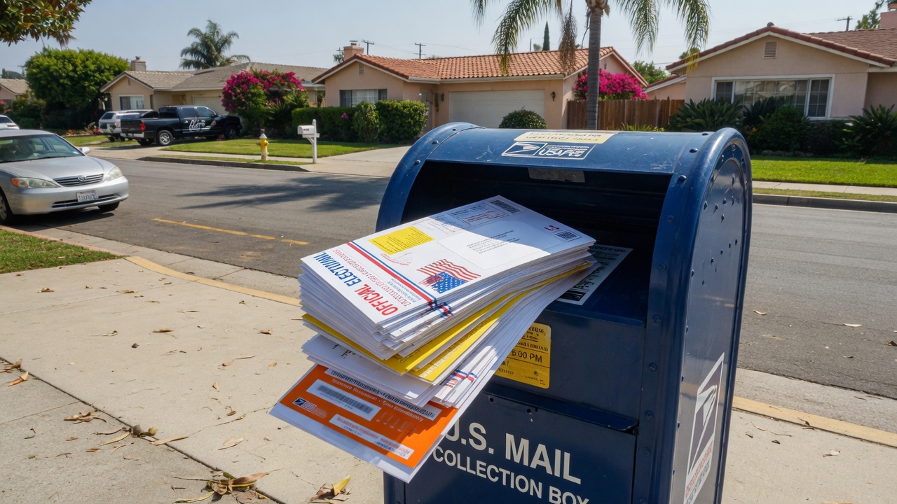 Direct mail being dropped into a USPS collection box in Orange County