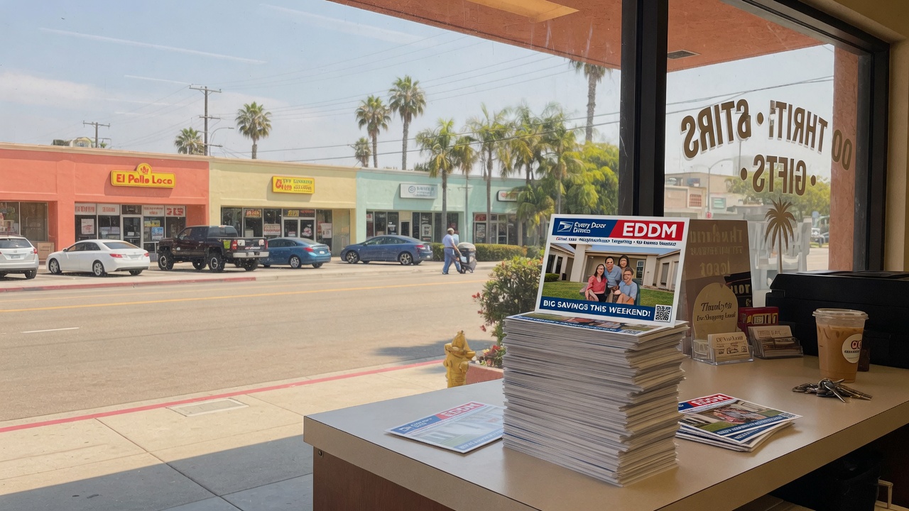 Every Door Direct Mail postcards on an Orange County retail counter