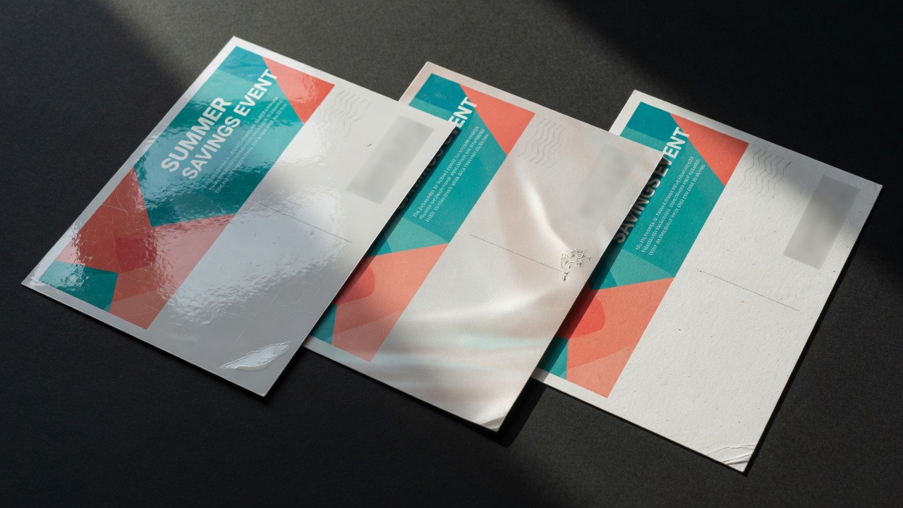 Gloss, silk, and uncoated direct-mail finishes compared