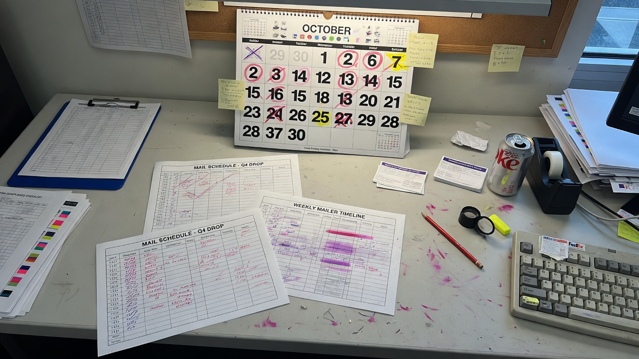 Print and mail production schedule on an Irvine shop desk