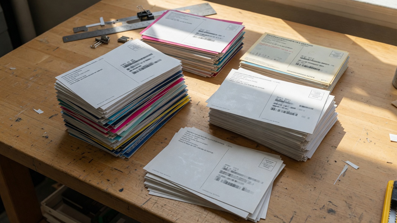 Oversized California direct mail postcards on a print finishing table