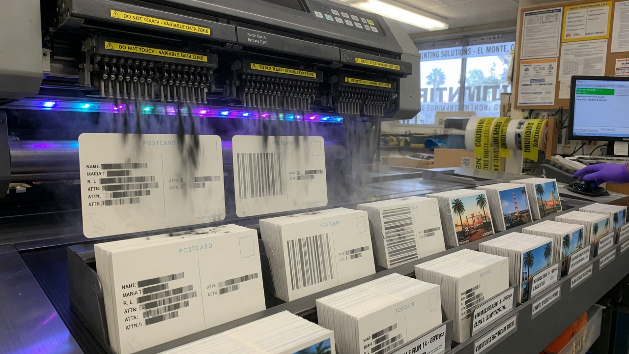 Mail pieces moving through a digital press